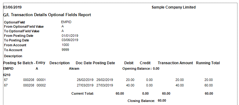 Sage 300-GL Transaction Detail Optional field Report