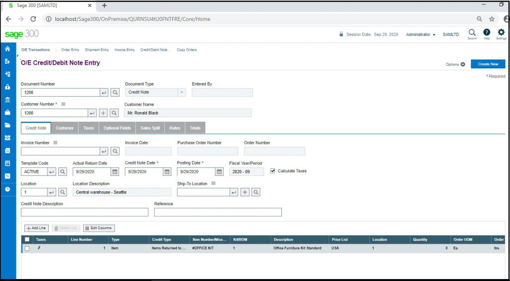 OE credit debit note entry