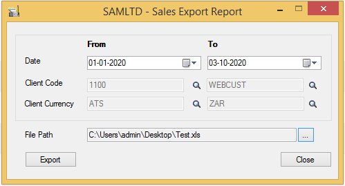 Sales Export Report - User Interface