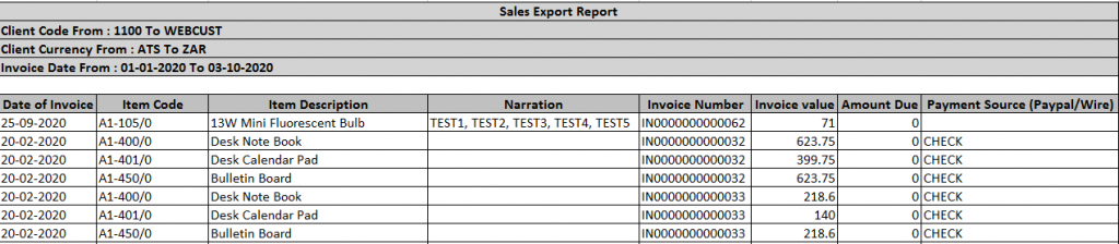 excel-based generated output of the “OE Invoice and AR Receipt Entry