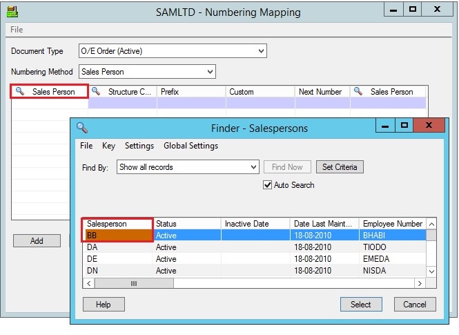 Order Entry-Numbering Mapping Order Entry-Numbering Mapping with Numbering Method set as Salesperson