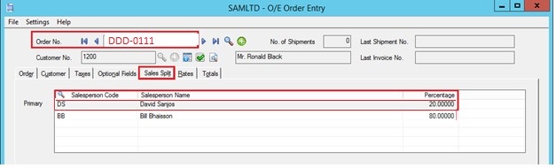 Order Entry Order Entry Number generated as per First Salesperson