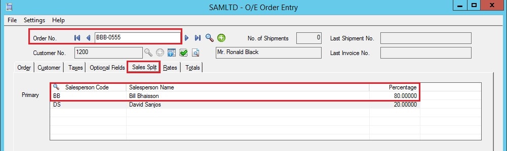 Order Entry Order Entry Number generated for Salesperson