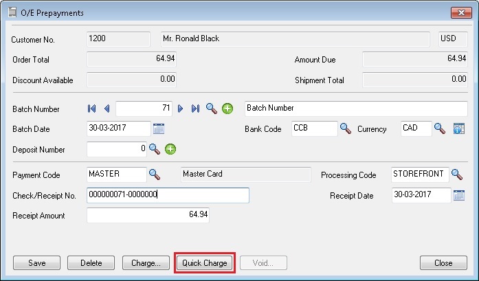 Order Entry Prepayments Screen with quick charge button Order Entry Prepayments Screen with quick charge button