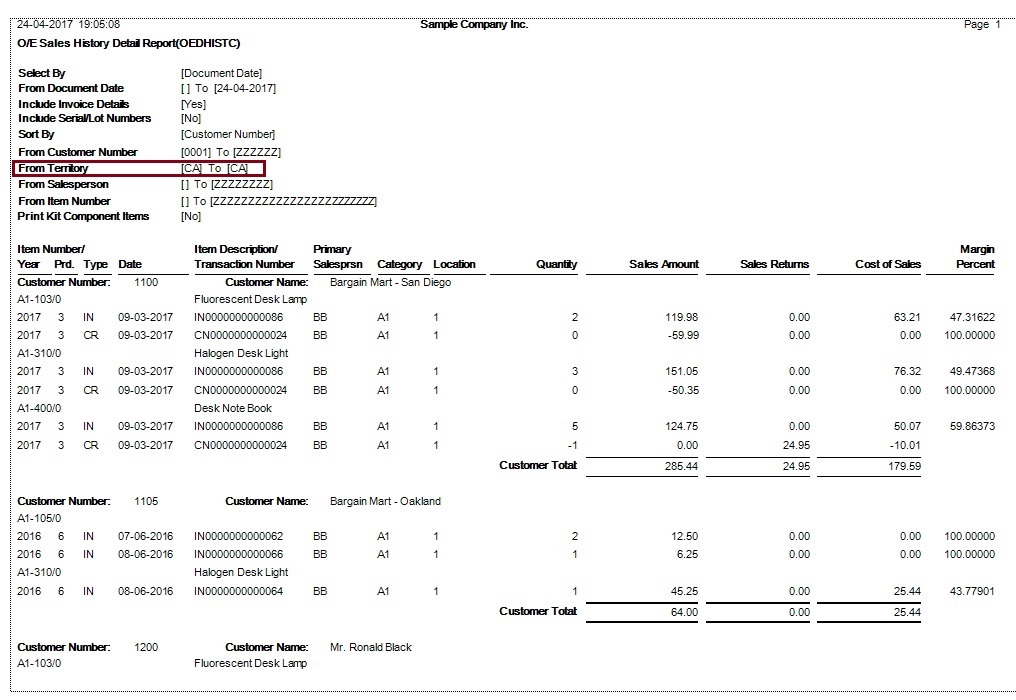 Order Entry Sales History Detail Report sorted by selected Territory/Territories Order Entry Sales History Detail Report sorted by selected Territory/Territories