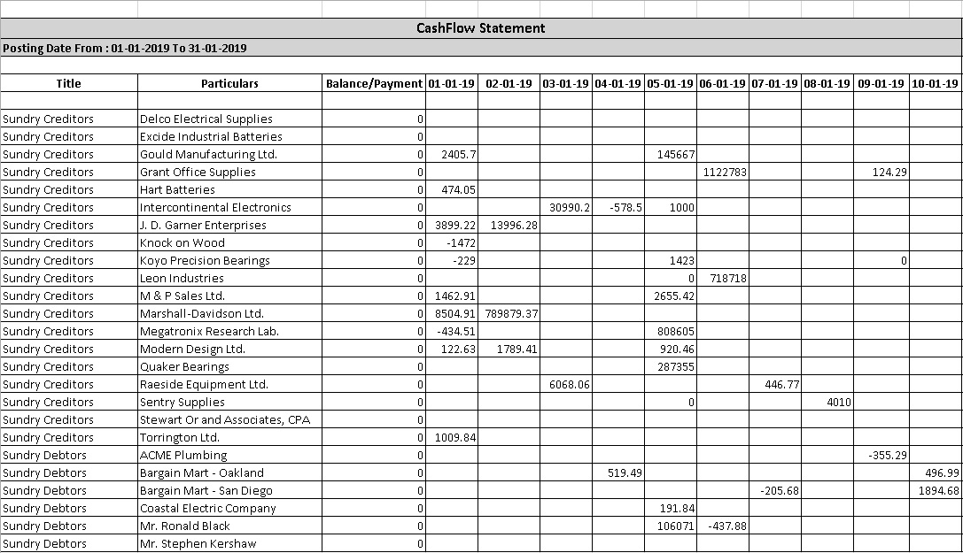 Cash Flow Statement - Excel Output Data