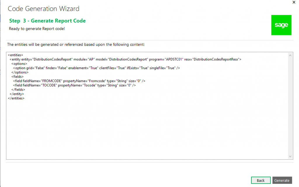 Generate report code