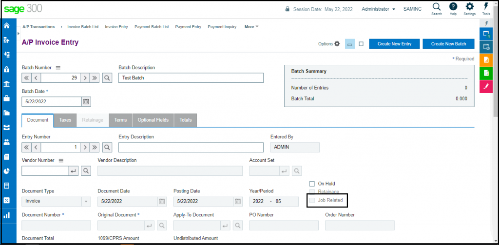 AP invoice entry screen