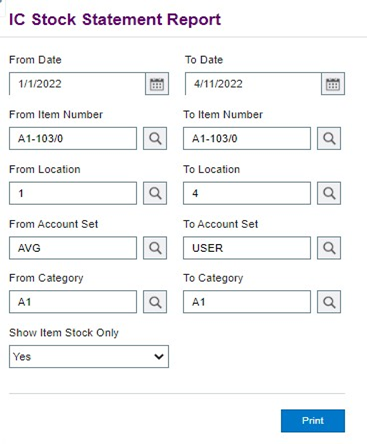 Inventory Stock Statement UI in Sage 300