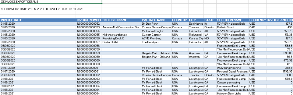 OE Invoice Export Report