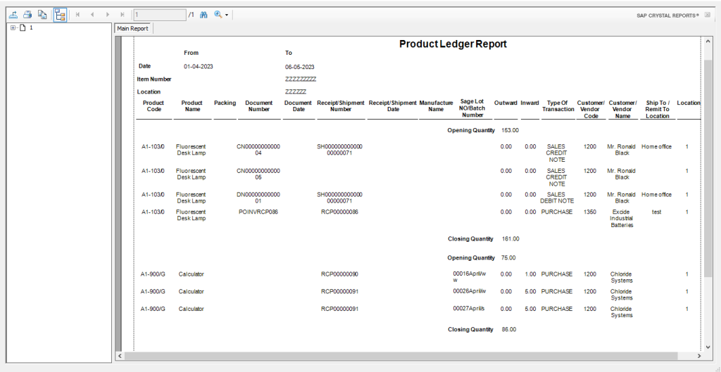 Output: Product Ledger Report