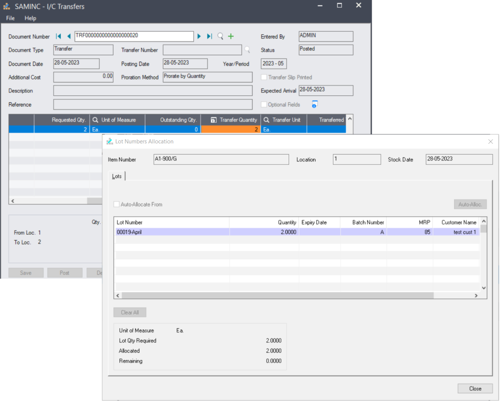 UI Design for Lot Number Allocation Screen on IC Transfers screen