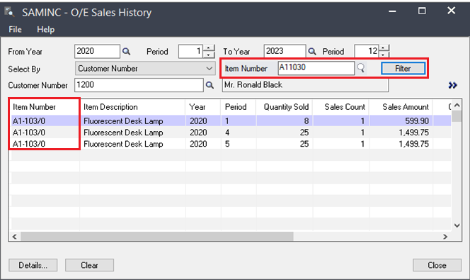 OE Sales history screen after filtering with item selected