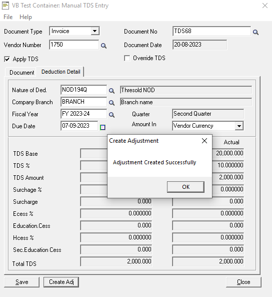  Manual TDS Entry screen with adjustment created