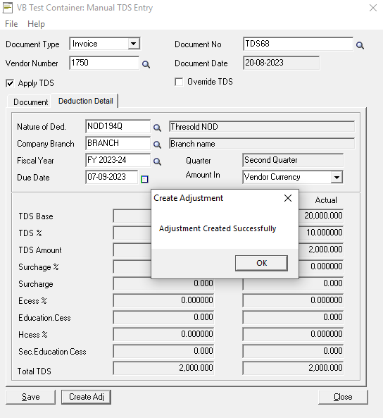 Manual TDS Entry screen with adjustment created