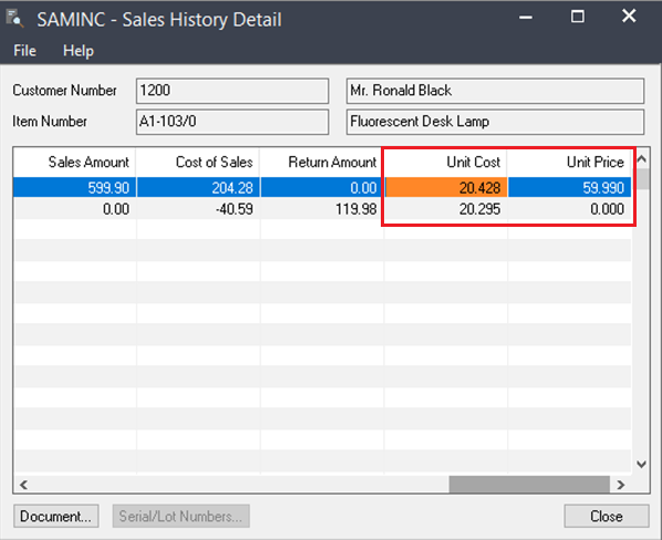 UI Design OE Sale history detail screen with additional columns