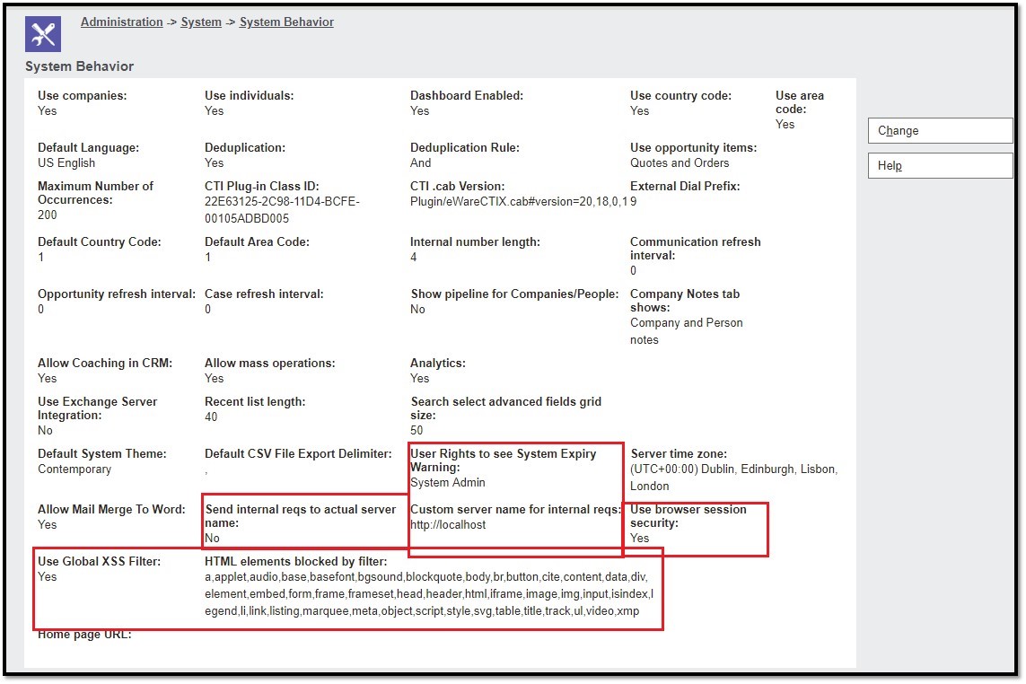 System Behavior configuration 