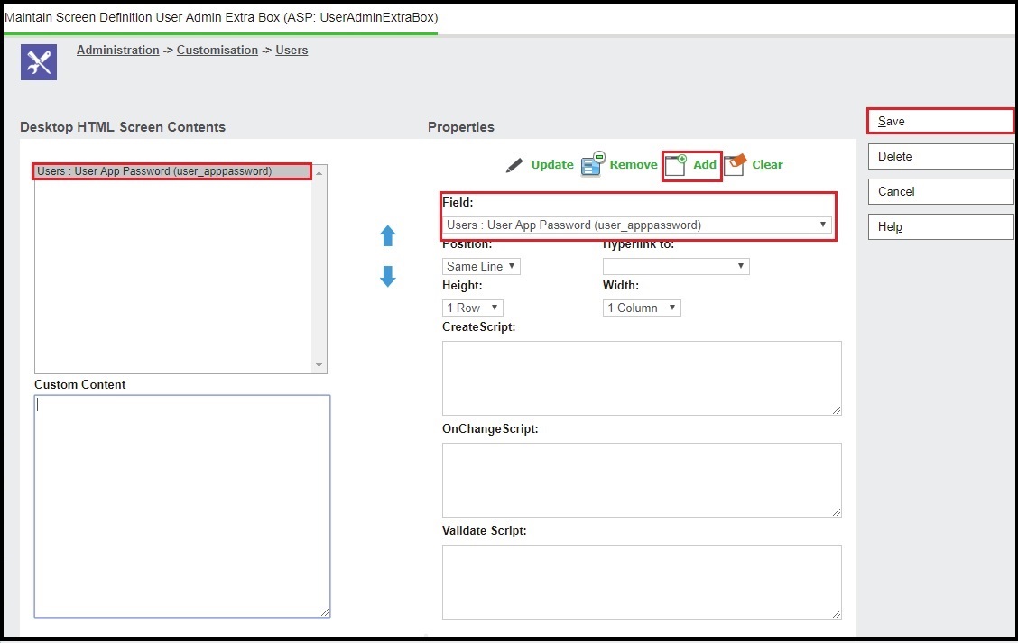 Adding field to screen