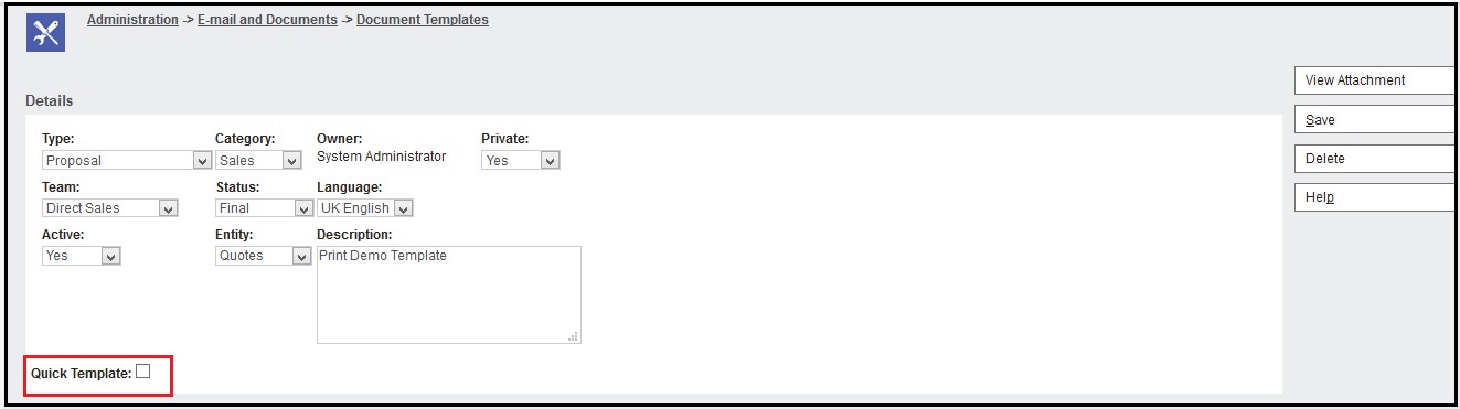 Quick Template check box