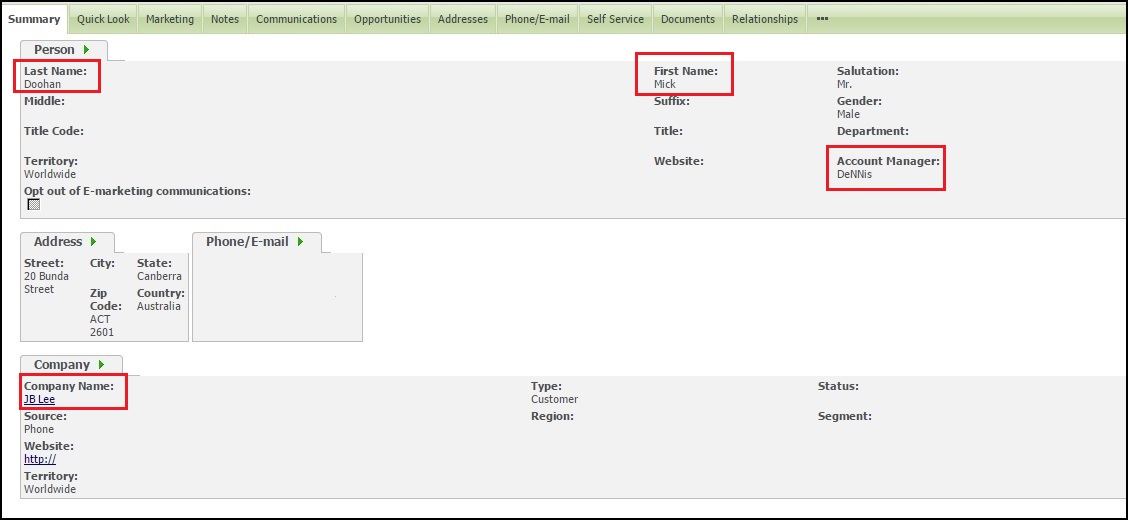 Sage CRM Person Summary