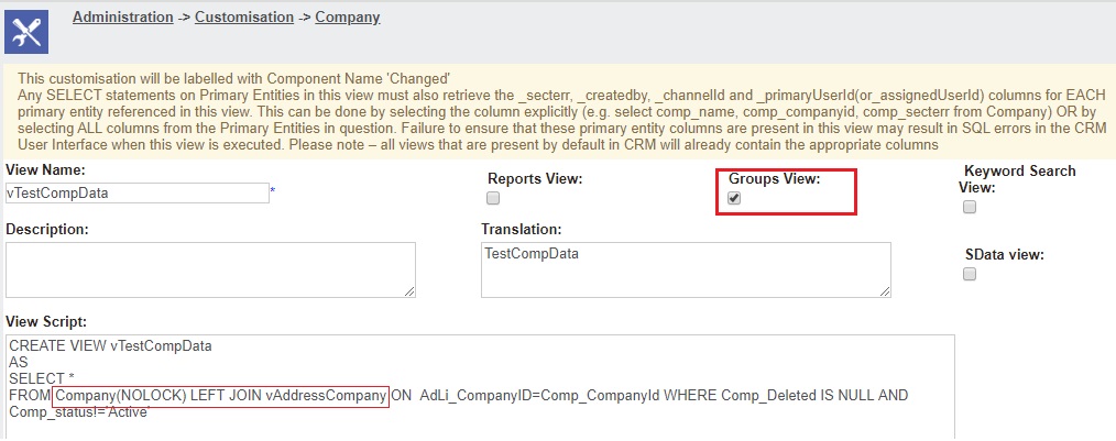 Custom view created using the reference of Company entity