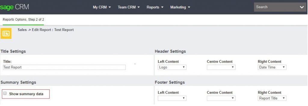 Report Options Screen