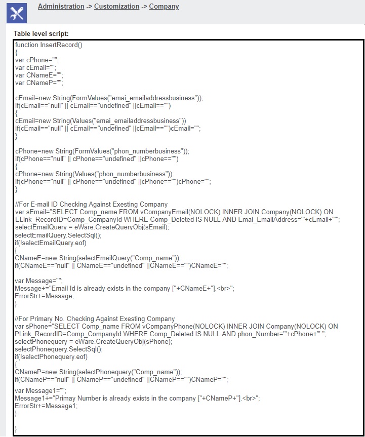 Company - Table level Script for duplicate email detection