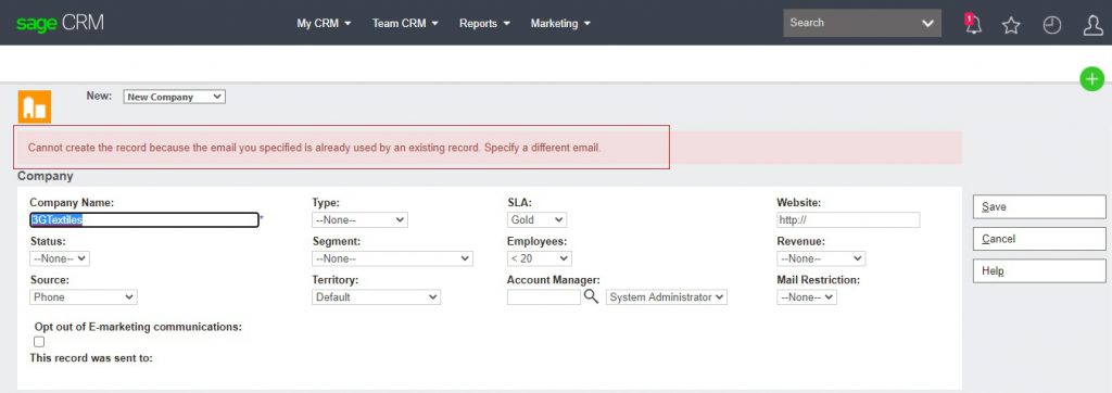 Duplicate Email detected Alert