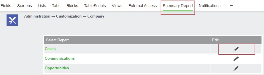 Accessing the Summary Report tab of company entity