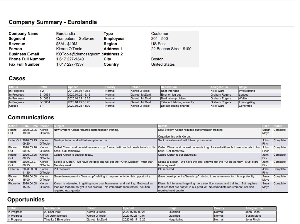 Standard Company Summary Report