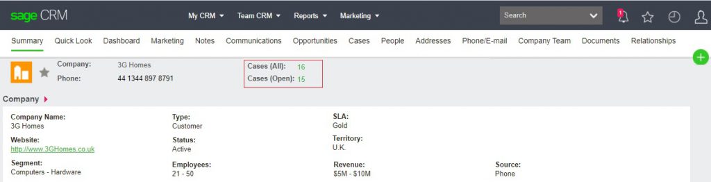 Company Top Content screen with Count of records