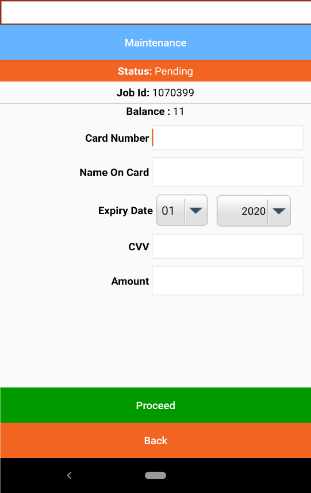 Card Payment Entry screen