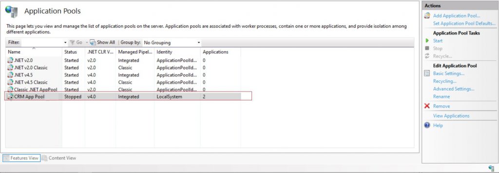 CRM APP POOL - Stopped