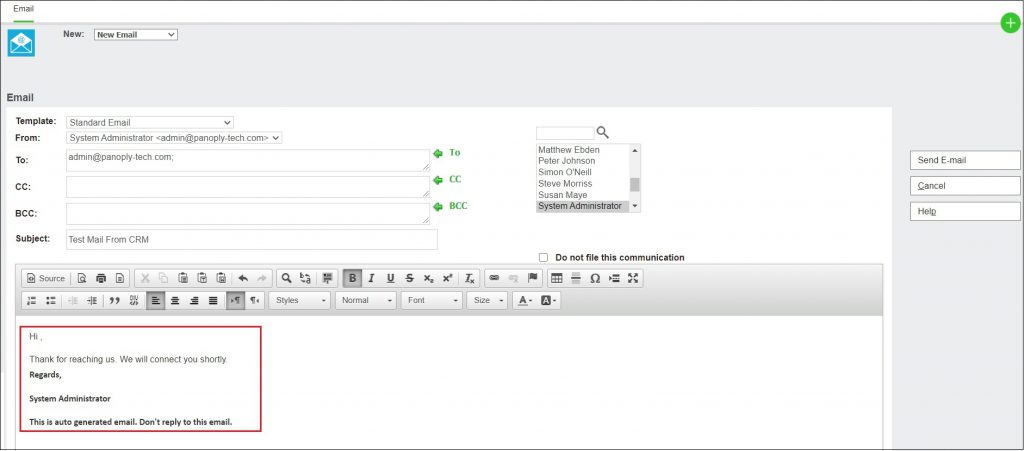 Email template reflected in the editor screen