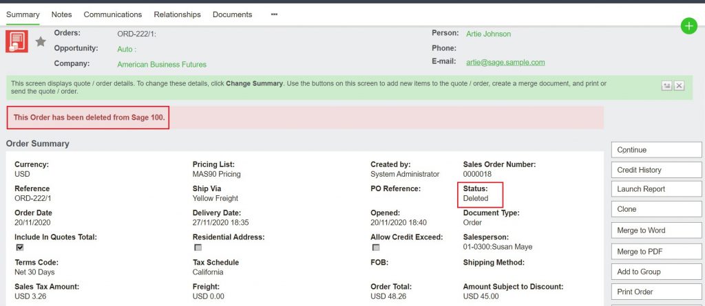 Deleting orders from Sage 100 to Sage CRM 