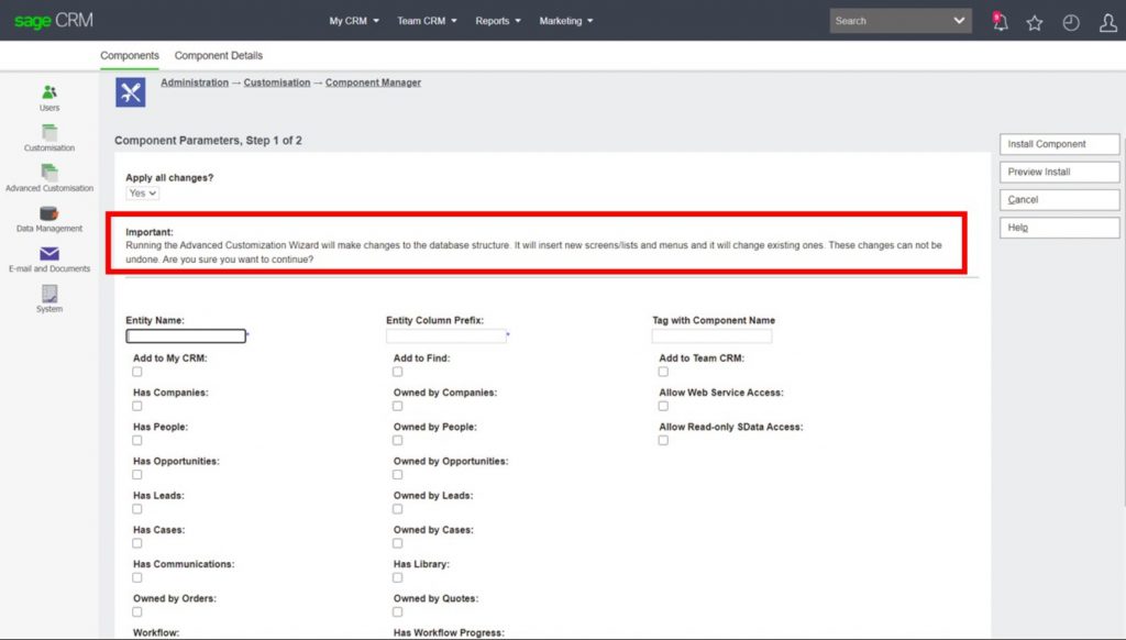 Advanced Customization Wizard Component Installation