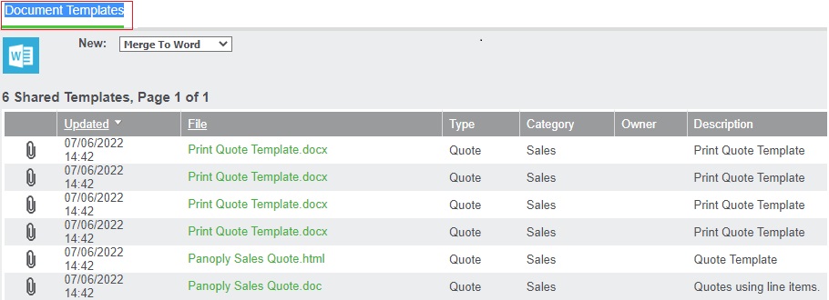 Document templates screen