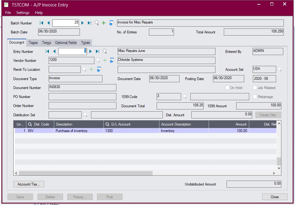 Sage 300 AP Invoice