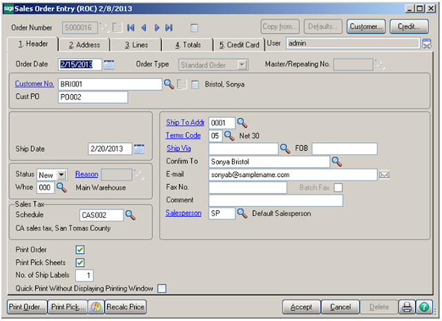 Sage EM Sales Order Options