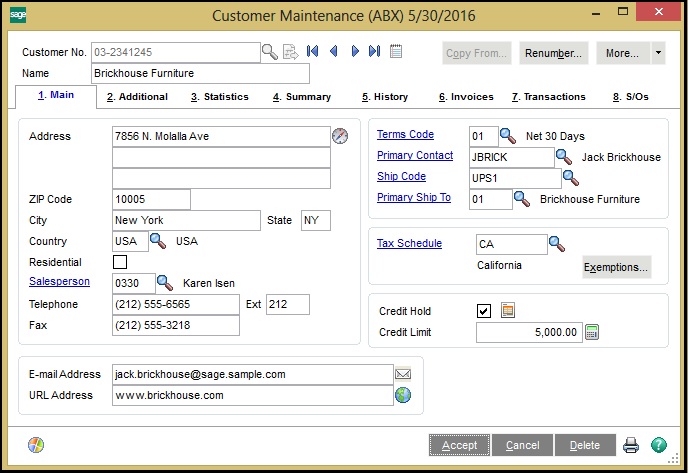 Sage 100 ERP Customer Screen