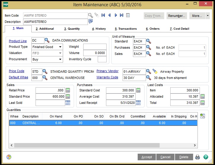 Sage 100 ERP item maintenance screen