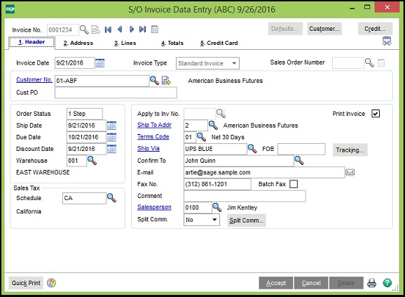 Sage 100 ERP Invoice screen