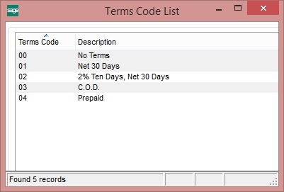 Sage100 Terms Code
