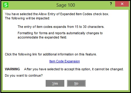 Sage 100 Item code screen