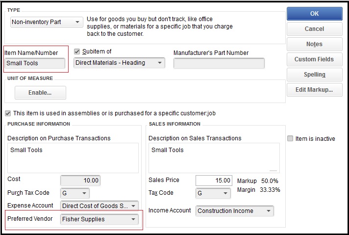 QuickBooks Item Vendor Details