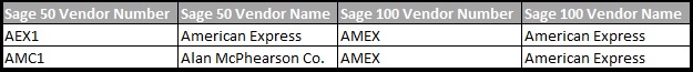 vendor mapping sage 100