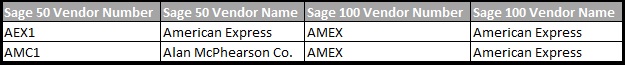 vendor mapping sage 100