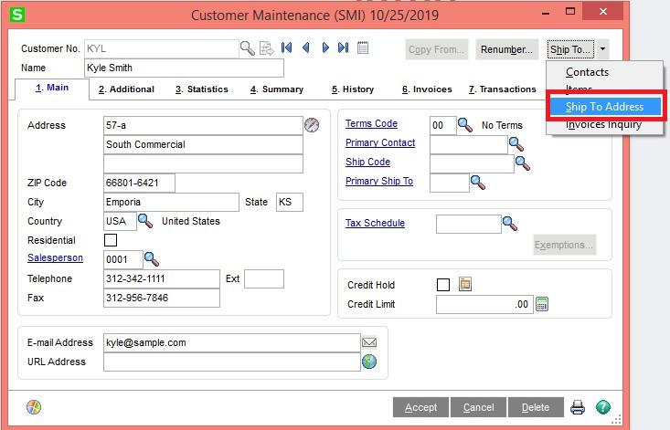 check migrated customer’s ship to address into Sage 100 ERP