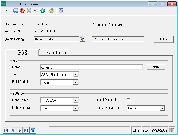 Import bank reconciliation