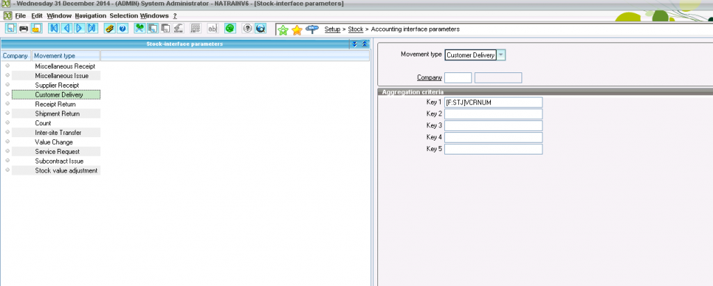 Setup>Stock>Accounting Interface parameters